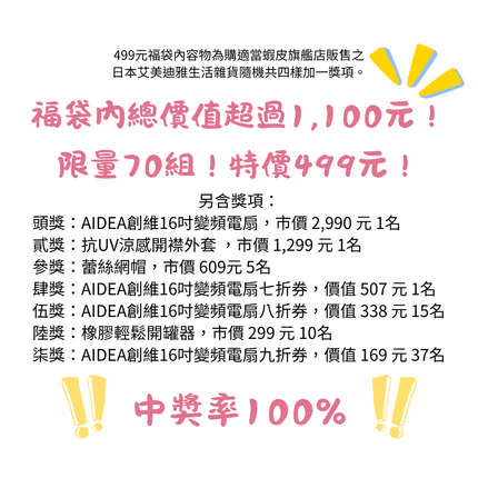 【購適當XAIMEDIA】1111感恩福袋｜日本居家好物x超值抽獎｜499/999 抽AIDEA變頻電扇 中獎率100%